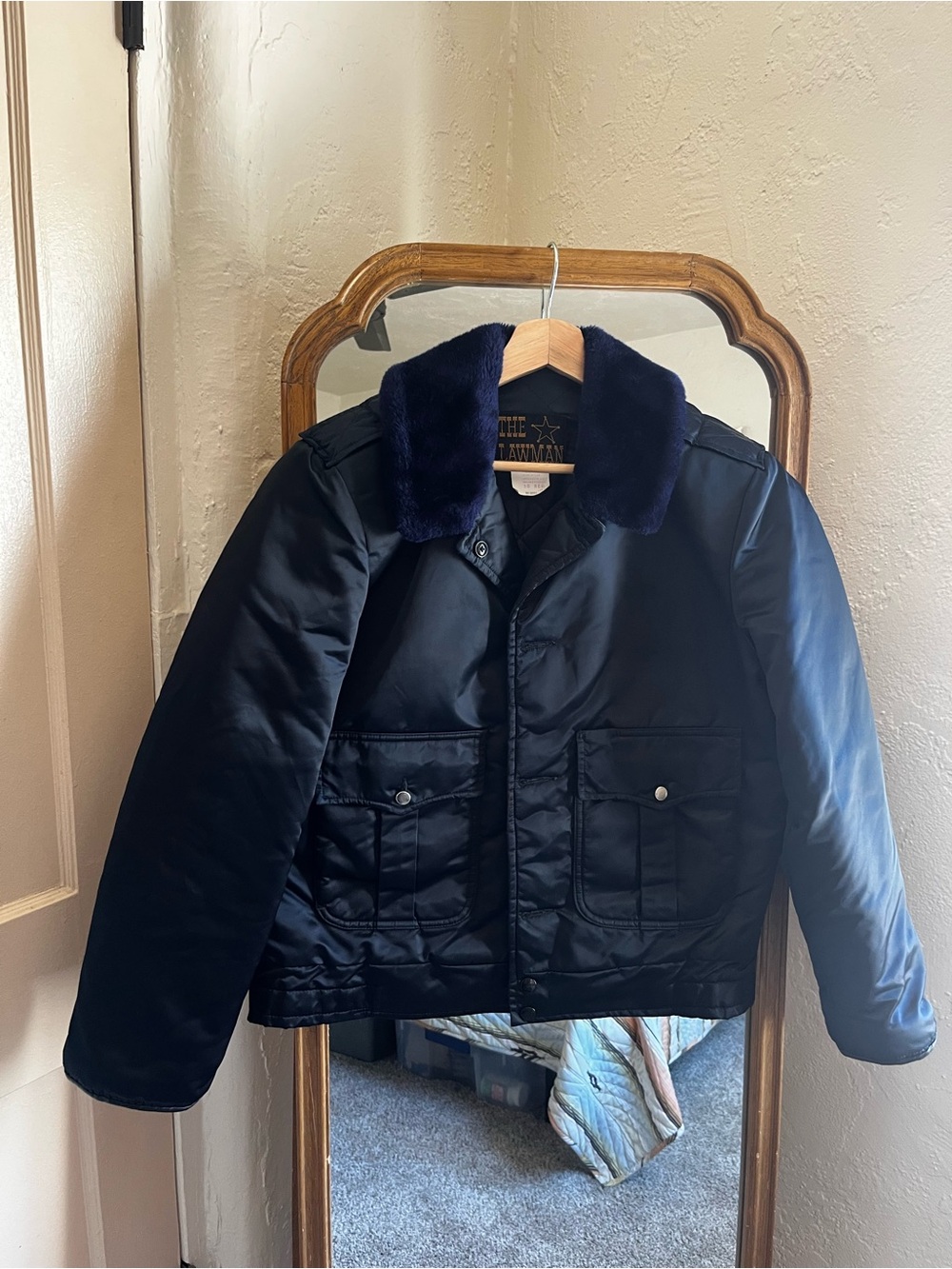 Vintage Satin Navy Lawman Jacket with Faux Fur Collar